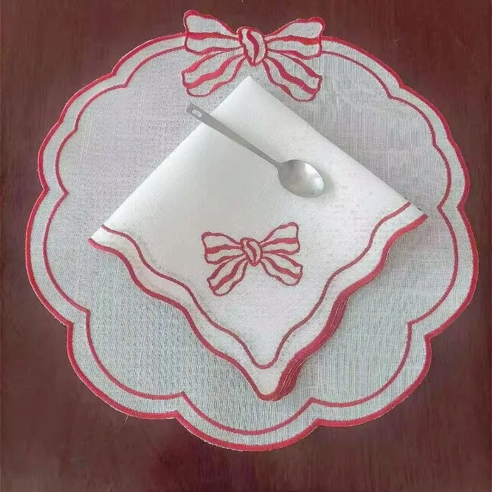 High Quality Washable Linen Napkin Reusable Vintage Wavy Edge Placemat Embroidered Bowknot Napkin Home Dining