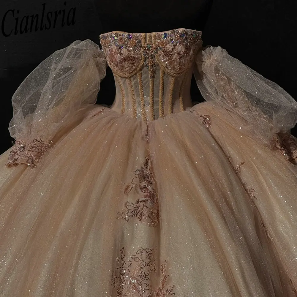 

Champagne Strapless Detachable Sleeve Quinceanera Dresses Ball Gown Sequined Appliques Lace Corset Sweet 15 Vestidos De XV Anos