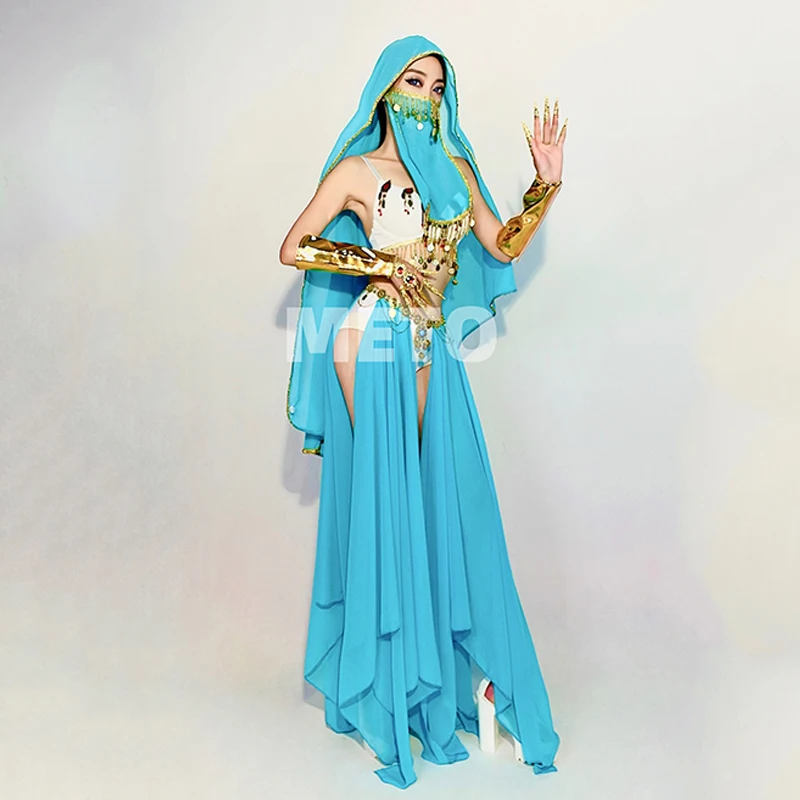 Blue Gogo แสดงเสื้อผ้า Exotic Dance เครื่องแต่งกายเลื่อมอียิปต์บิกินี่ลาก Queen ชุดสีส้มเทศกาล Rave เสื้อผ้า 3640