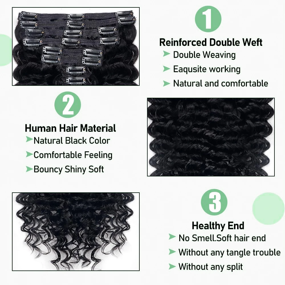 Extensions de cheveux humains à clipser Deep Wave pour femmes, cheveux bouclés, 10-26 po, 8 pièces, 120 g/ensemble