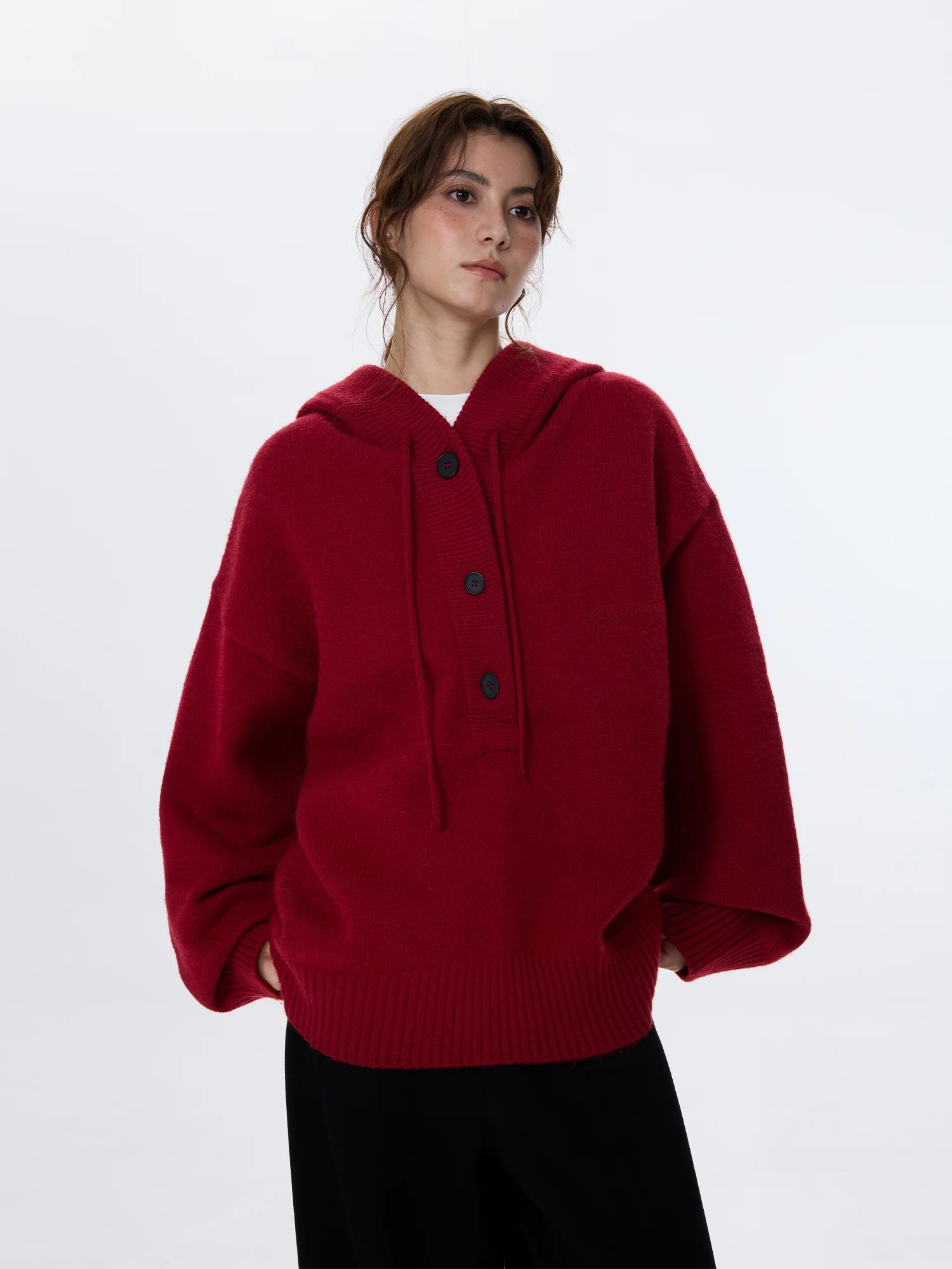 

Red Hooded Drawstring Sweater Women's Autumn Winter Knitted Top Cross Year Casual Loose Fit Long Sleeve Polyester Blend