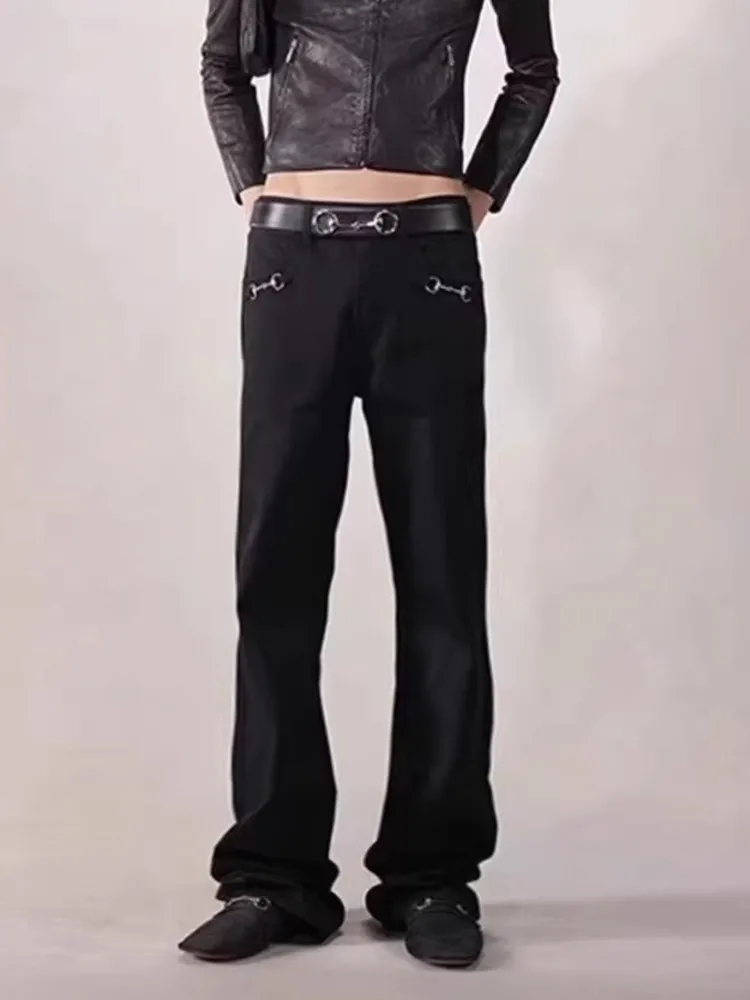 

American Retro buckle Design Spring And Autumn Washed Micro-Flare Jeans Women's High-Waisted Hip-Hop Loose Wide Leg Jeans Unisex