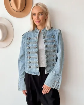 Vintage Denim Military Jacket Women Retro Solid Round Neck Single Breasted Slim Crop Coat 2026 New Lady Daily Street Outerwear 3 Vintage Denim Military Jacket Women Retro Solid Round Neck Single Breasted Slim Crop Coat 2026 New Lady Daily Street Outerwear 3