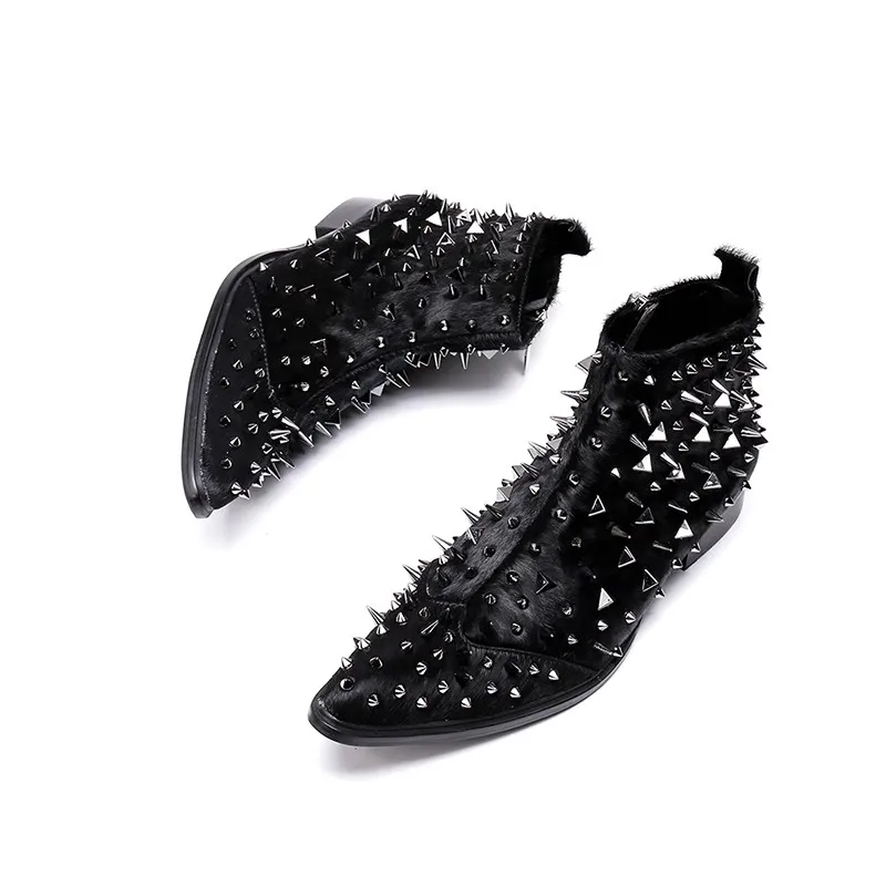 Black Cool Rivet Decoration Ankle Boots for Men Pointed Toe Chelsea Boots British Casual Business Boots Side Zipper Short Boots