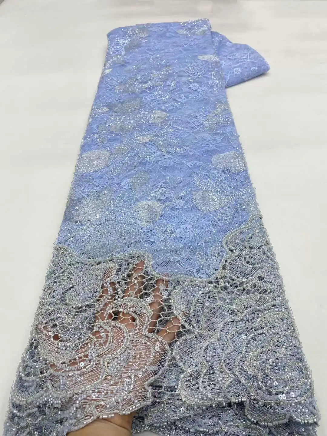

2026 African Handmade Beads Tulle Lace Fabric High Quality French Luxury Beaded Lace Fabric For Bridal Wedding Dress Sew