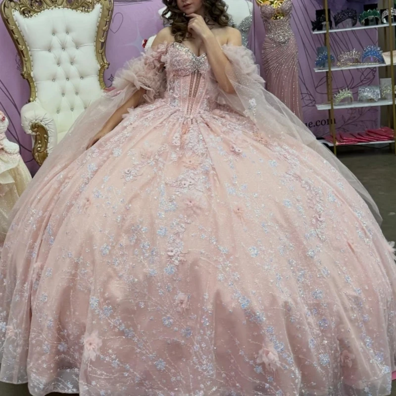 

Pink Shiny Ball Gown Quinceanera Dresses 2026 Sequin Applique Flower Beading Crystal Corset Tull Off Shoulder Sweet 16 Dress