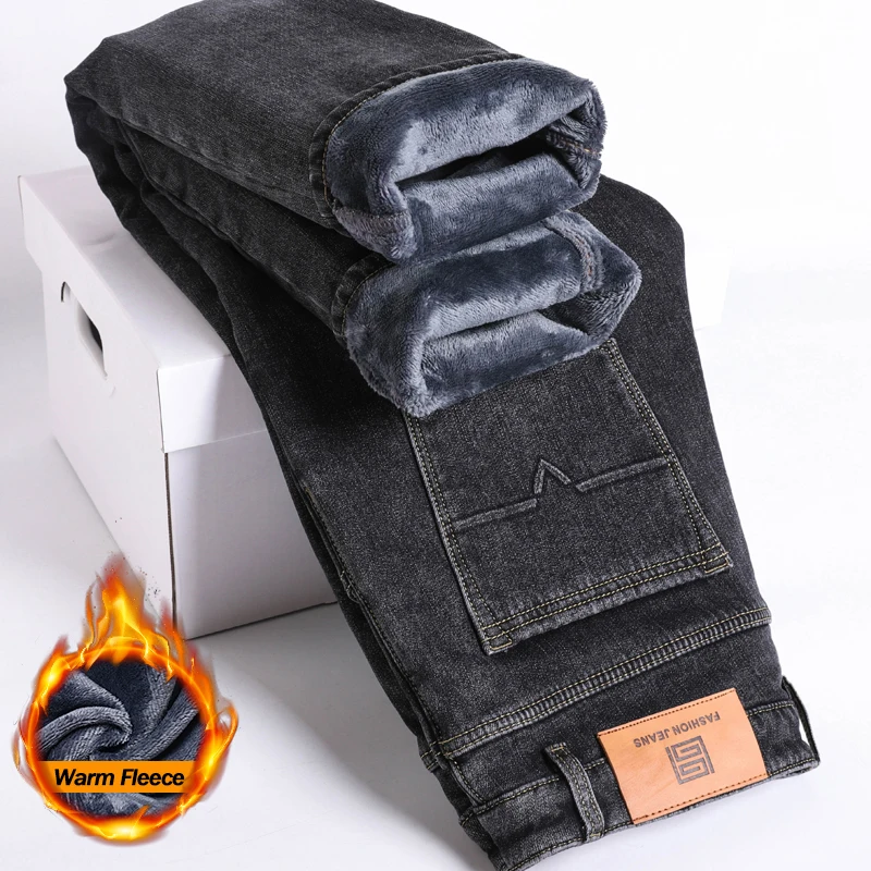 Warm Fleece Winter Jeans Men's Thicken Elastic Thermal Denim Pants Business Straight Casual LPlush Velvet Trousers Gray Blue