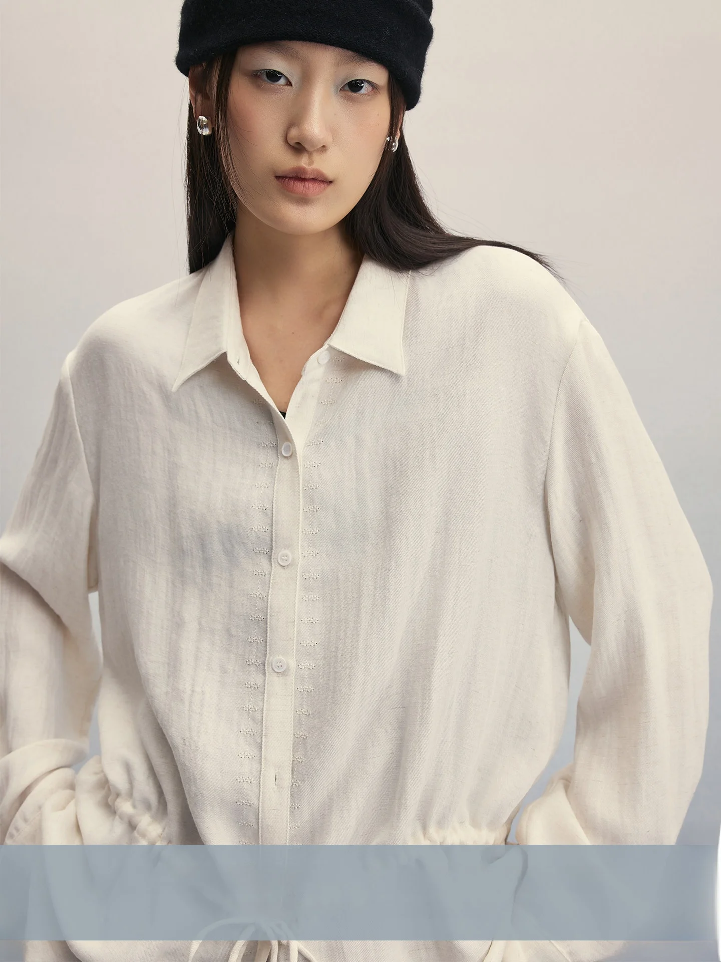 

mat Texture Linen White irt Waist Dstring Turn-down Collar Spring New Sle Women's Casual Faion Sun Protection