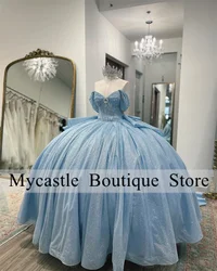 Sky Blue Tulle Beaded Quinceanera Dress 2026 With Bow Crystal Sweet 16 Dress Birthday Party Dress Customized Vestidos De 15 Años