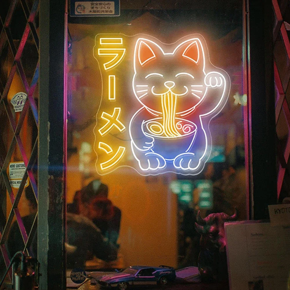 Lucky Cat Eating Ramen Neon Sign Restaurant Kitchen Wall Decor Shop Signage Cat Ramen Noodles Led Light Japanese Anime Neon Sign