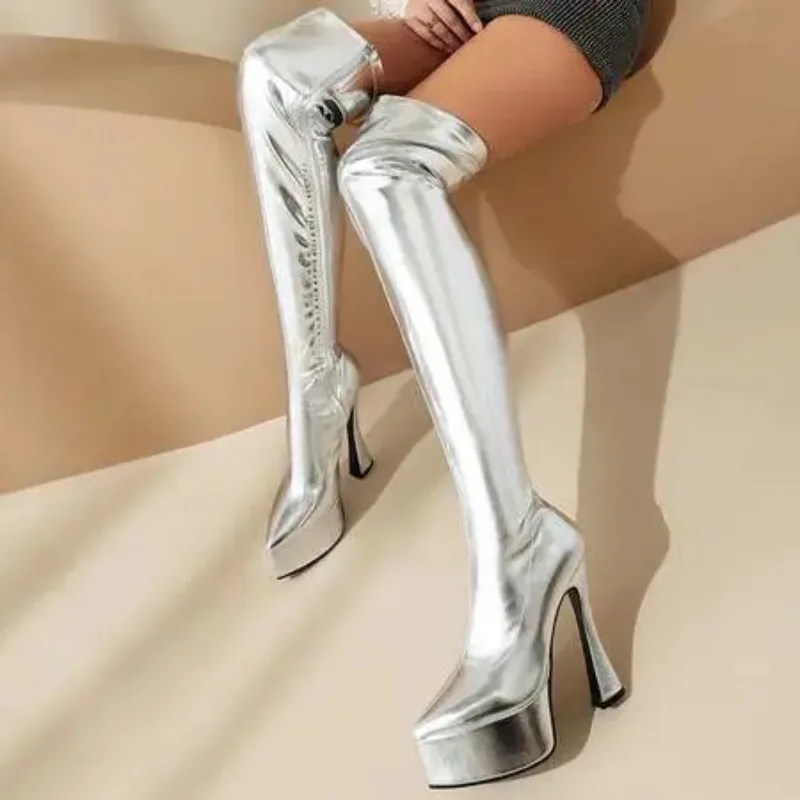 

14.5cm Block Heel 5cm Platform Over Knee Thigh High Boots Pointed Toe Zip Faux Leather Gold Silver Big Size 47 48 US11