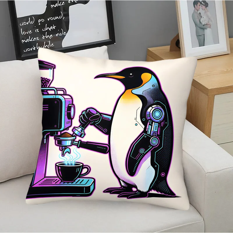 Cute Coffee Penguin Print Throw Pillow Cartoon Square Cushion Including Pillow Inserts Soft For Sofa Bedroom Fashion Gift Decor