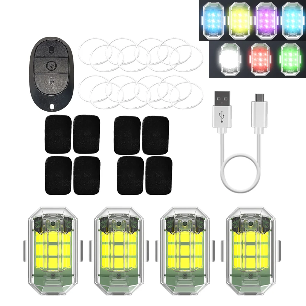 

4pcs Aircraft Strobe Lamp 2.4G Wireless Remote Control M3 Micro USB Charging 3.7V 350mAh 7 Colors Memory Function for Drone