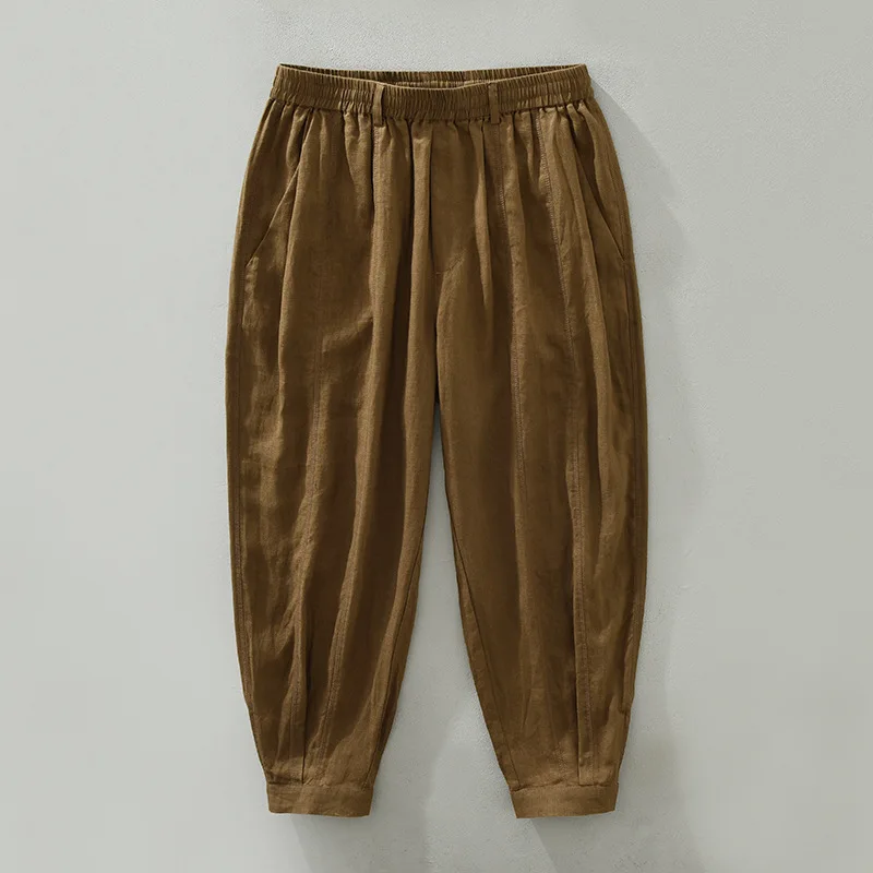 Men's Japanese-style casual linen pants, loose and thin, for young people, elastic waist, cuffed & straight-leg long trousers