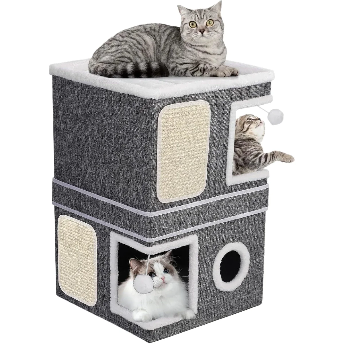 Cat House for Indoor Cats,Separate Into 2 Large Cat Bed Cave Hideaway Condos,Hanging Balls,Cat Cube for Multiple Cats Kitten