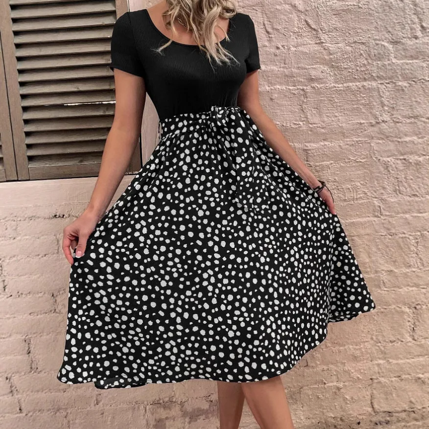 Dw 2025 欧米風プリントTシャツワンピース レディース Aラインスカート 半袖 ハイウエストステッチ ロングスカート