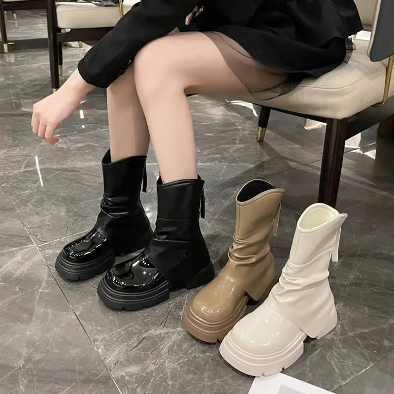 

Белые ботинки, женские осенние ботинки на высоком каблуке с манжетами в стиле ретро, осень 2025, ботинки на высоком каблуке