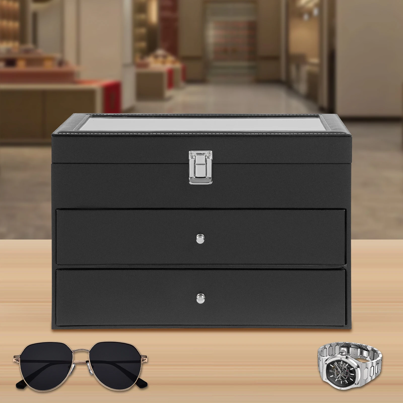 حقيبة تخزين كبيرة للساعات والنظارات بغطاء زجاجي، صندوق منظم مدمج للساعات والنظارات الشمسية