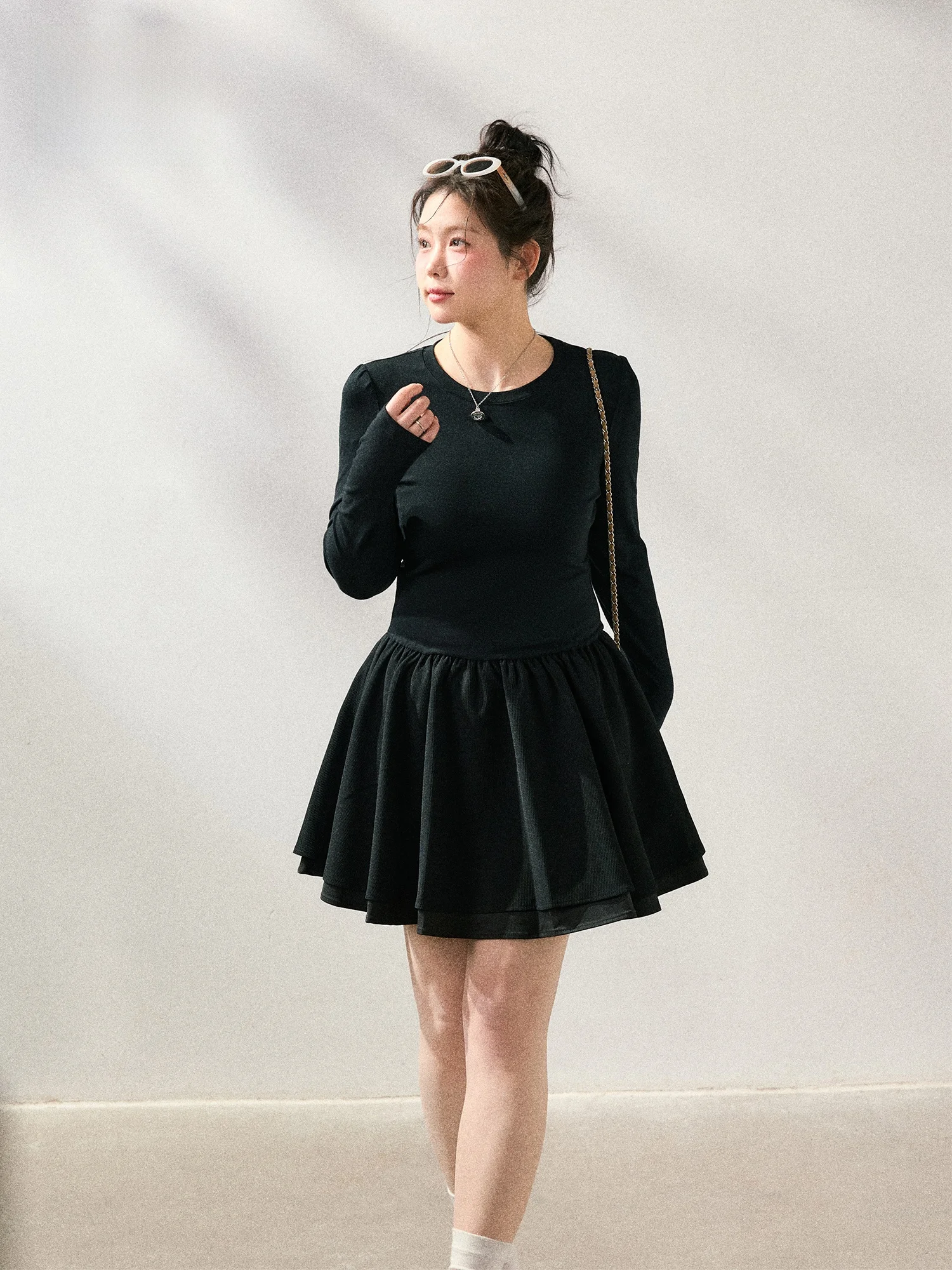 

Женская юбка миди А-силуэта больших размеров с эффектом похудения, двухслойным подолом, в корейском стиле, с длинными рукавами, круглым вырезом, весенняя мода