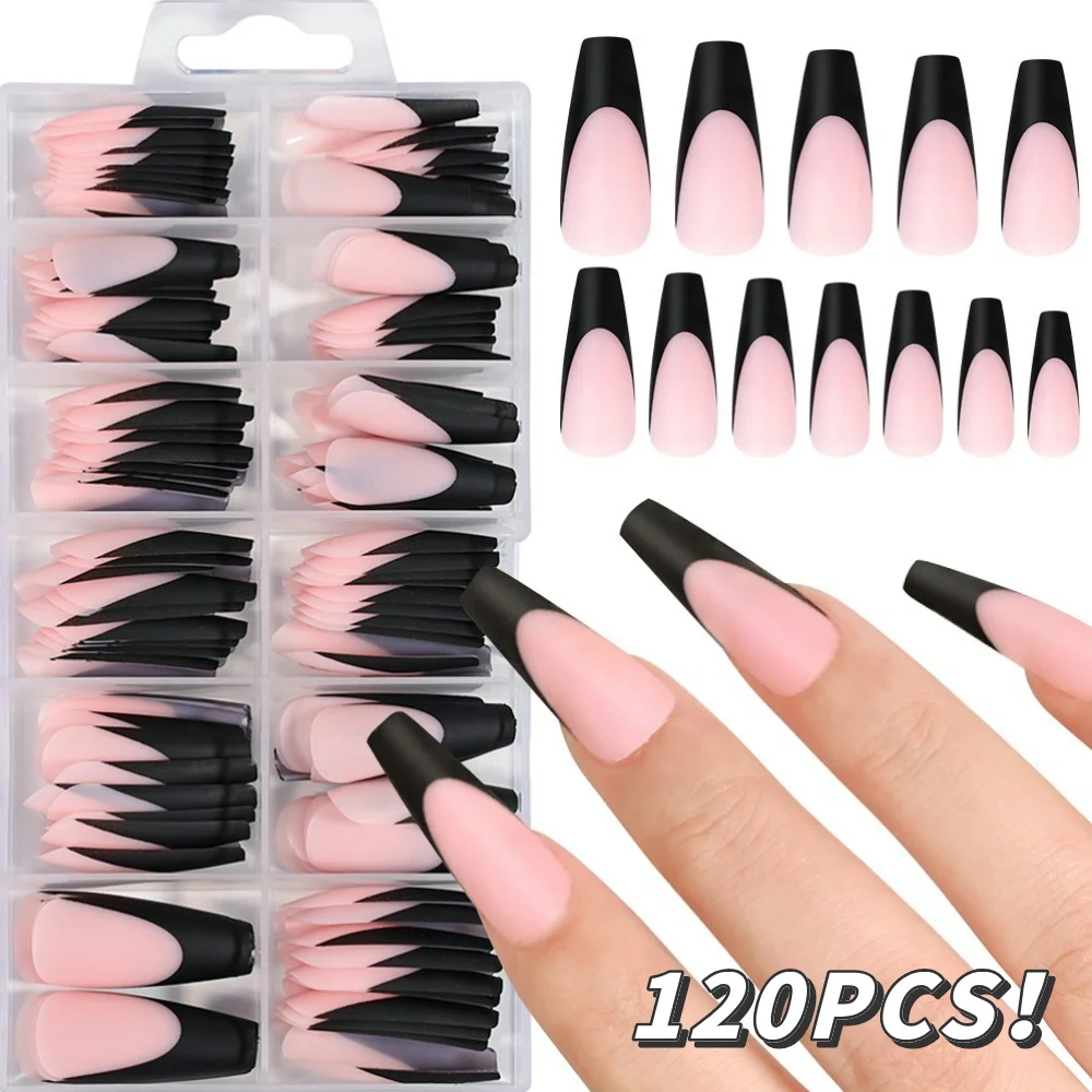 120Pcs*1Box French Tip Press on Nails Matte Pink Black Edge Medium Square Fast Gel Nail Tips Full Cover Ballet False/Fake Nails