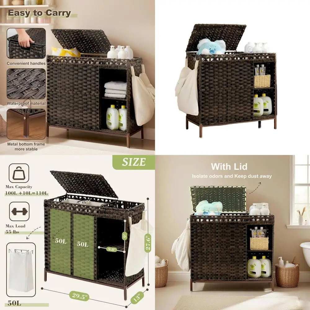 

Rattan 110L Double-Section Laundry Hamper with 50L Shelf and 3 Liner Bags, Brown