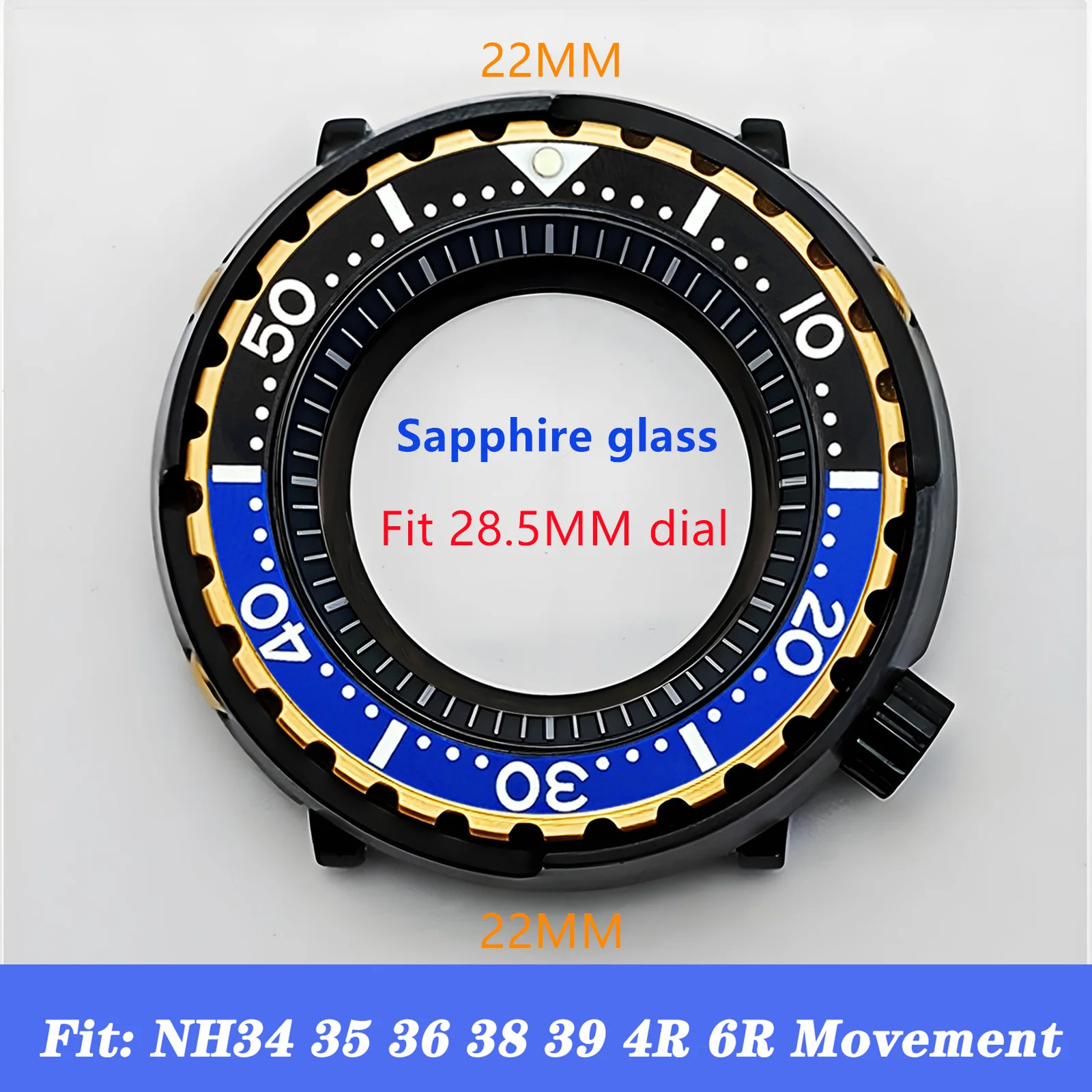 

Mod Black Tuna Can Case NH35 Case Gold Bezel Sapphire Crystal Glass Ceramic Insert Stainless Steel Watch Case