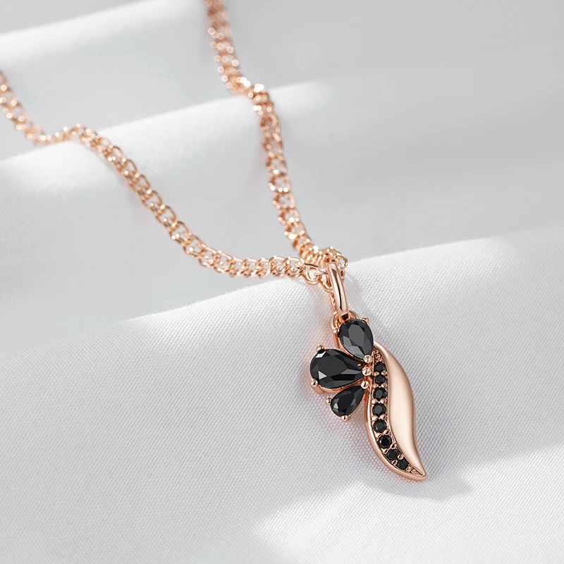 Kinel Hot Black Natural Zircon Pendant Necklace Women Fashion 585 Rose Gold Color Crystal Flower Pendant Fine Vintage Jewelry