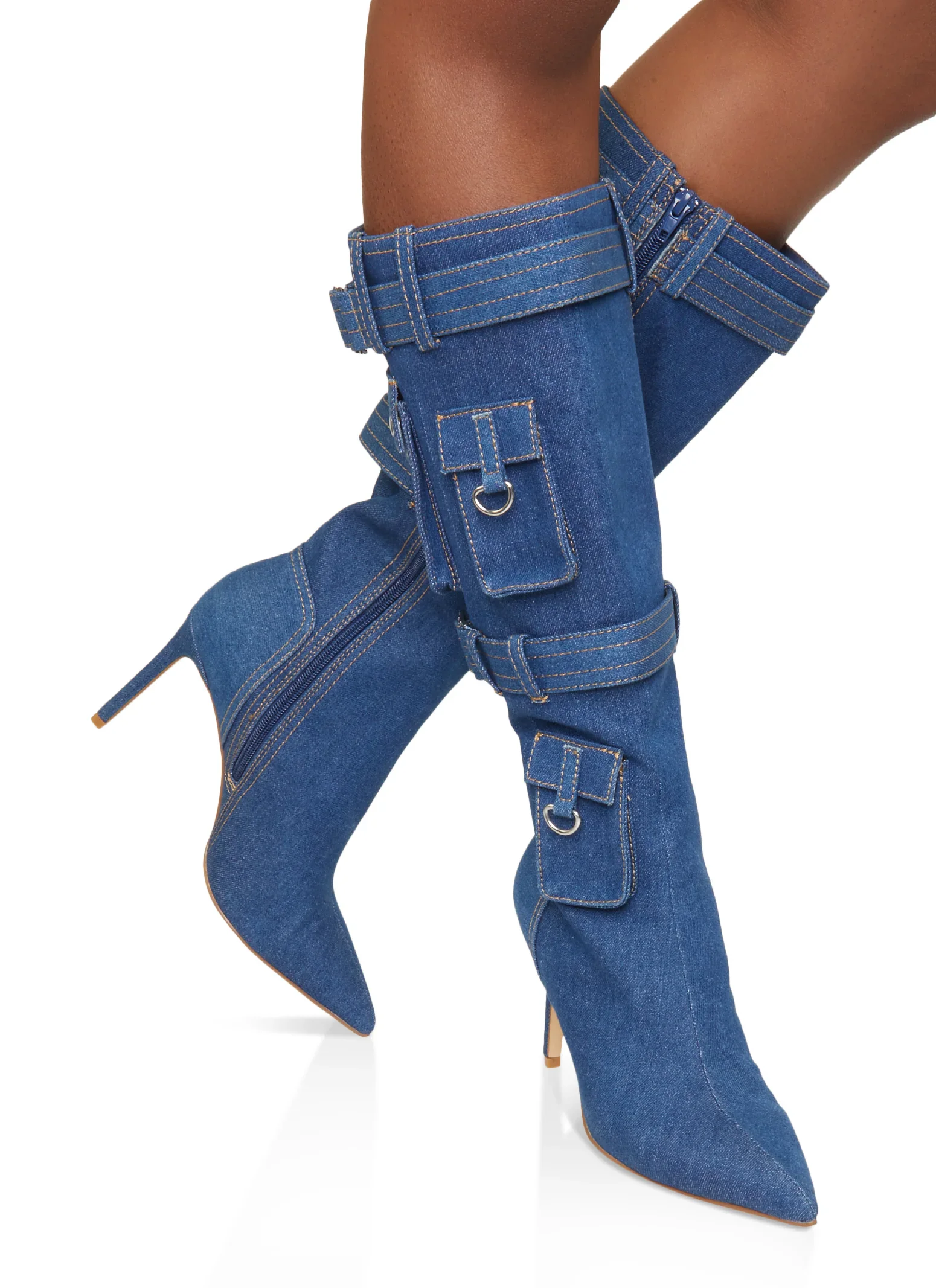 Pointed Toe Pocket Knee High Boots Women Side Zipper Thin High Heels Boots Ladies Leggy Nifty Trendy Sexy Shoes