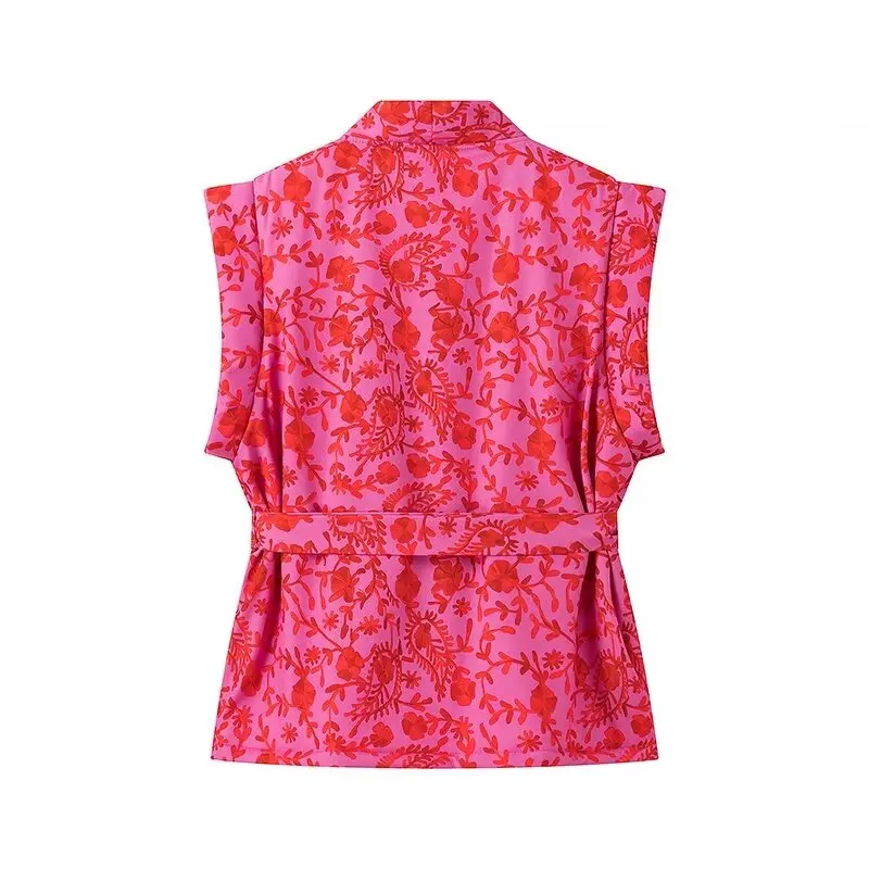 

Loose Women's Printed V-ne Top with Belted Decoration ort Sve Casual Jaet Street Sle Polyester Fiber