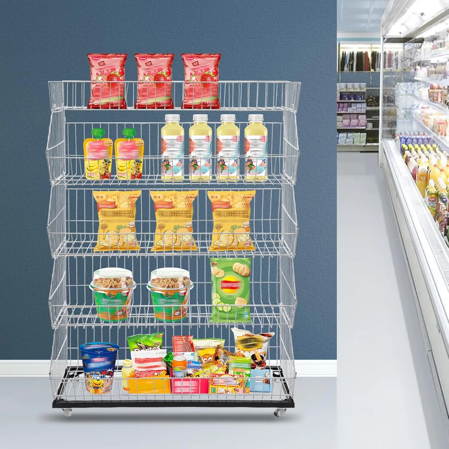 5-Shelf Shelving Unit, Wire Shelving With Wheels Market Retail Display Rack, 35.4