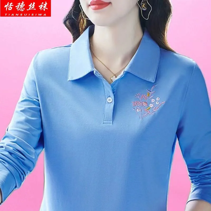 

2025 футболка с длинными рукавами, женская весенне-осенняя одежда с лацканами для мам, топ с вышивкой, универсальная новая рубашка-поло