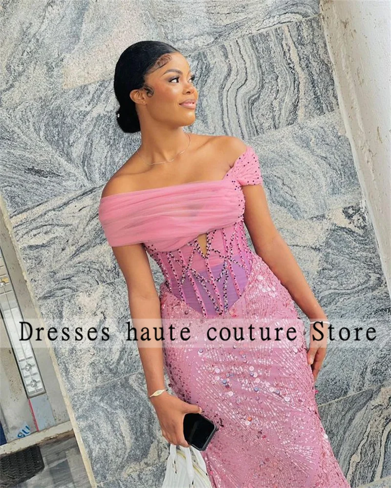 Aso Ebi Nigerian Pink Beaded Lace Evening Dresses 2024 Off The Shoulder Mermaid Women Formal Dress African Wedding Party Gowns