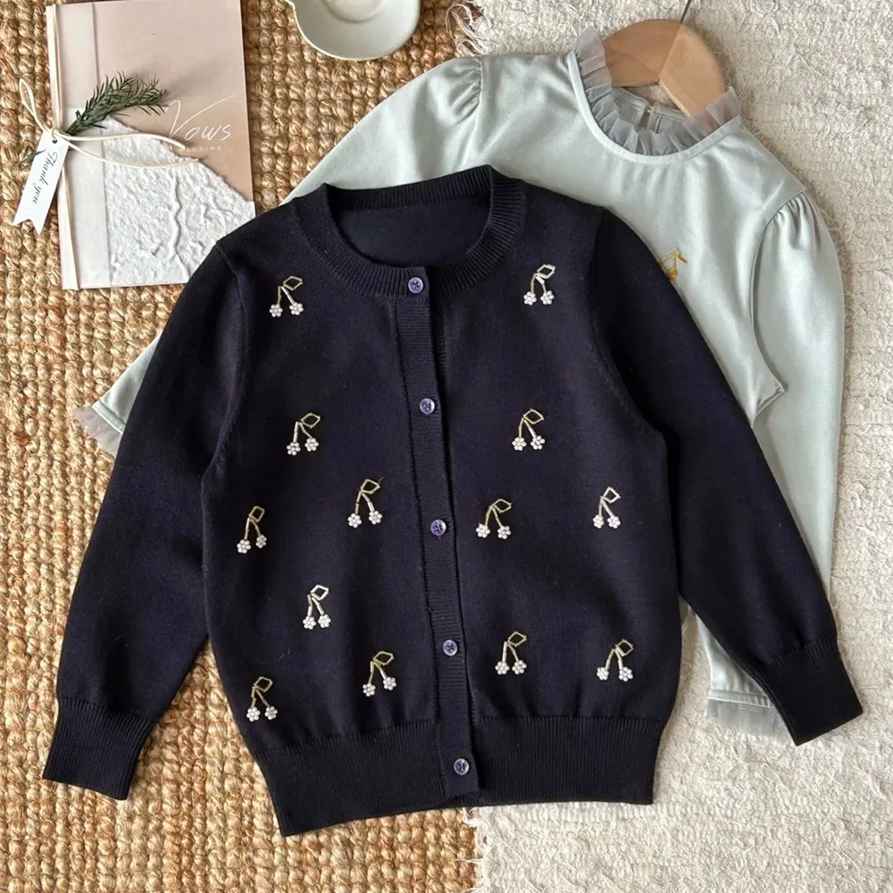 

Осенняя детская одежда для девочек, детский свитер, пальто с вишневым узором, вышивка бисером, вязаный кардиган для девочек, мягкое детское вязаное пальто
