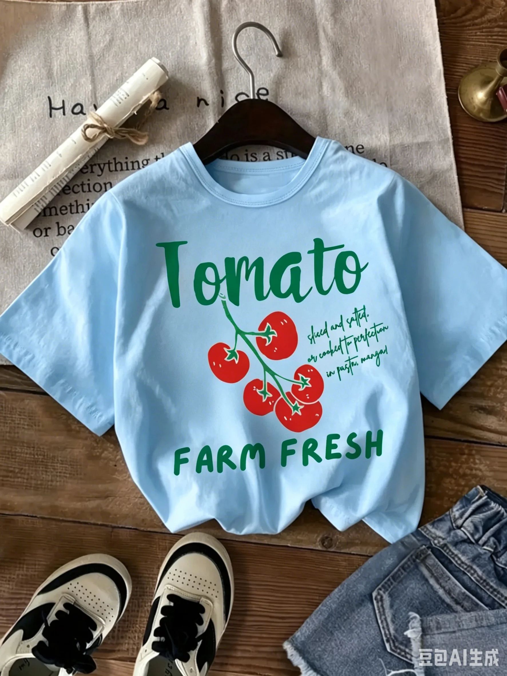 Neues Baumwoll-T-Shirt mit Tomaten-Print für Kinder, lässiger Rundhalsausschnitt, Baumwollmaterial, geeignet für den täglichen Gebrauch, Frühling, Sommer, Herbst – Detail 6