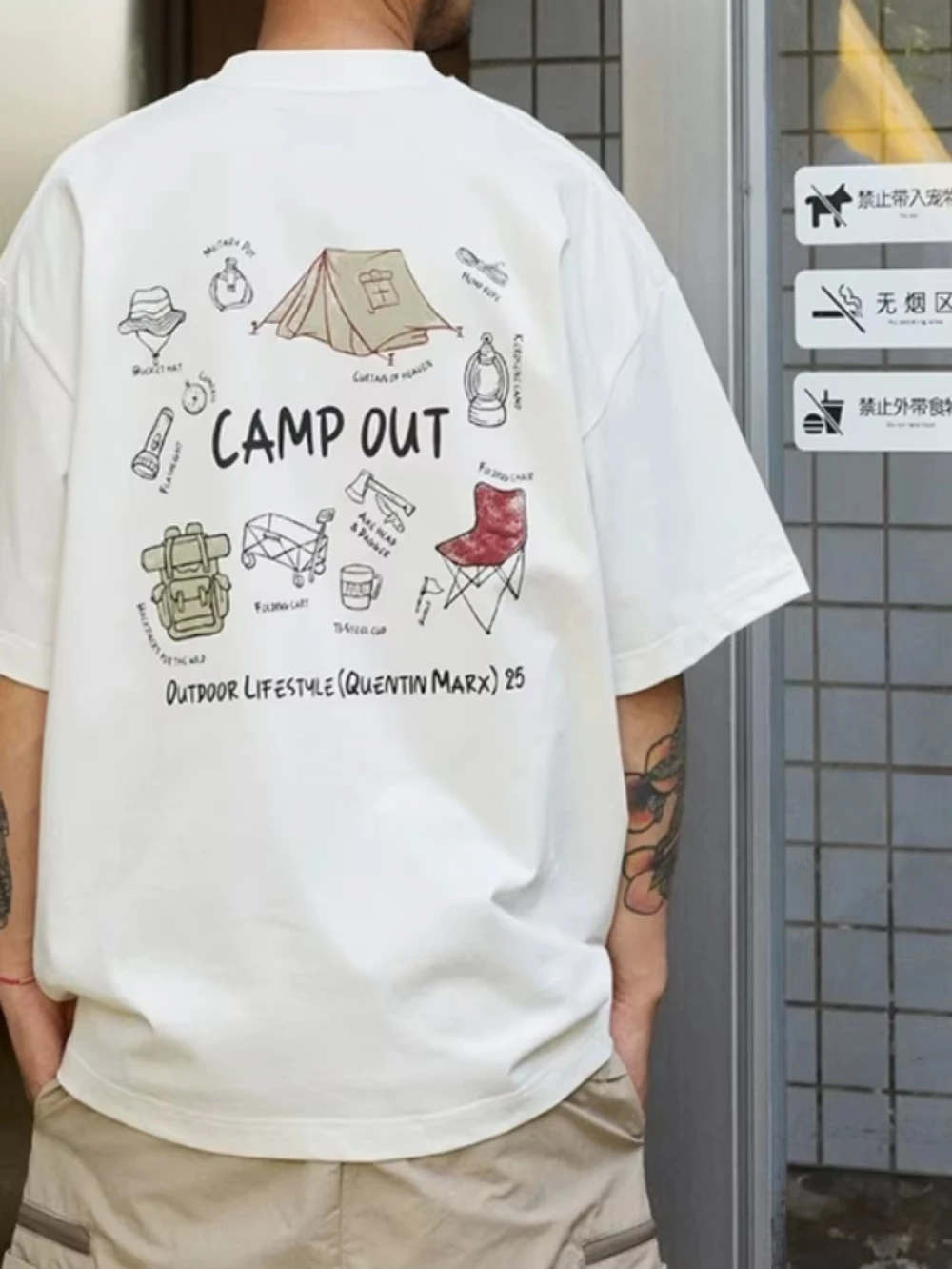 2026 Summer Vintage Oversized T‑Shirt For Adults Outdoor Camping Sketch Double Sided Theme Art Loose Short Sleeve Street Tee