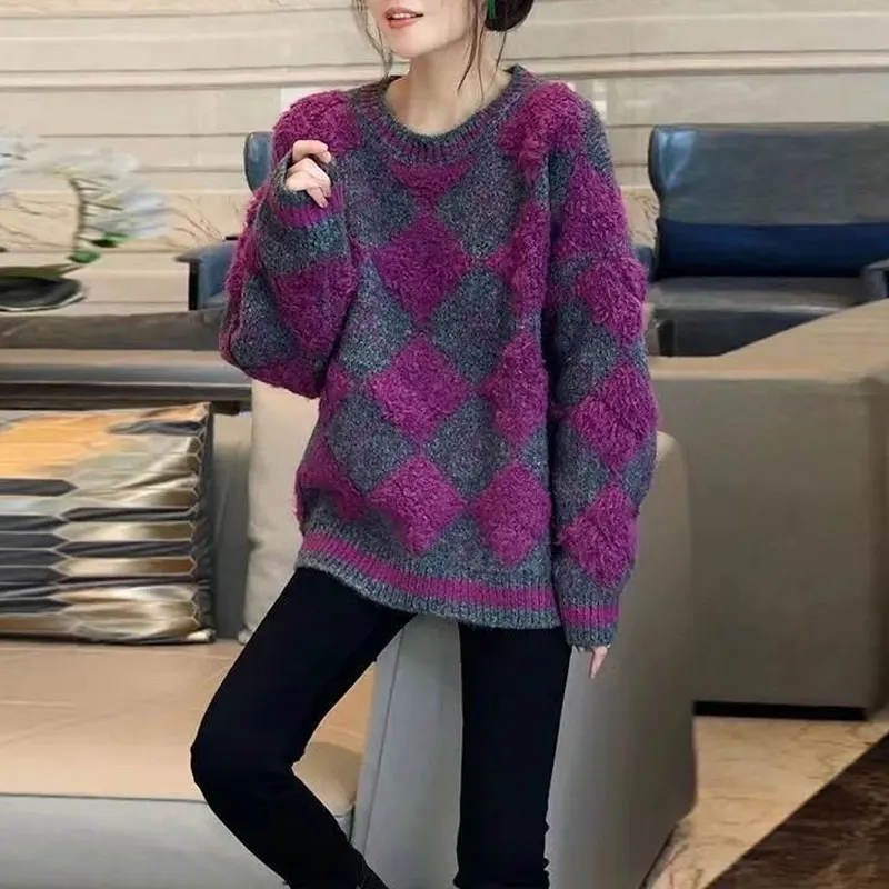 Autumn Winter Plaid Contrasting Colors Jumpers Vintage Korean Loose Women\'s Clothing Casual Round Neck Flocking Knitted Sweaters