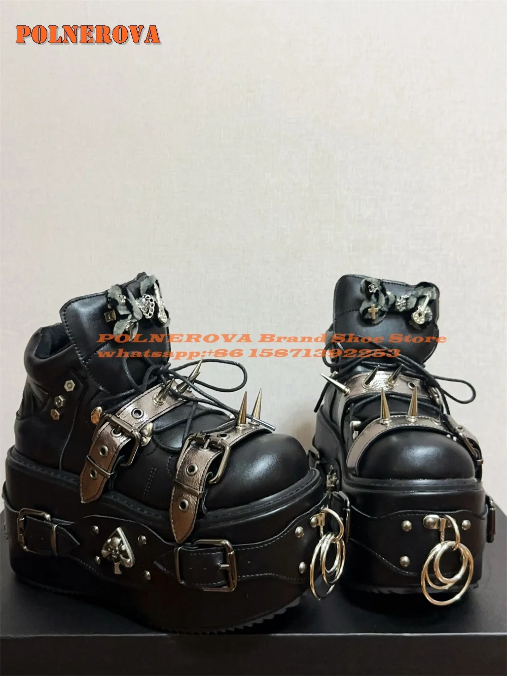 

Rivet Spike Platform Punk Ankle Boots Round Toe Thick Sole Height Increasing Metal Decoration Rock Pumps Belt Buckle Dark Newest