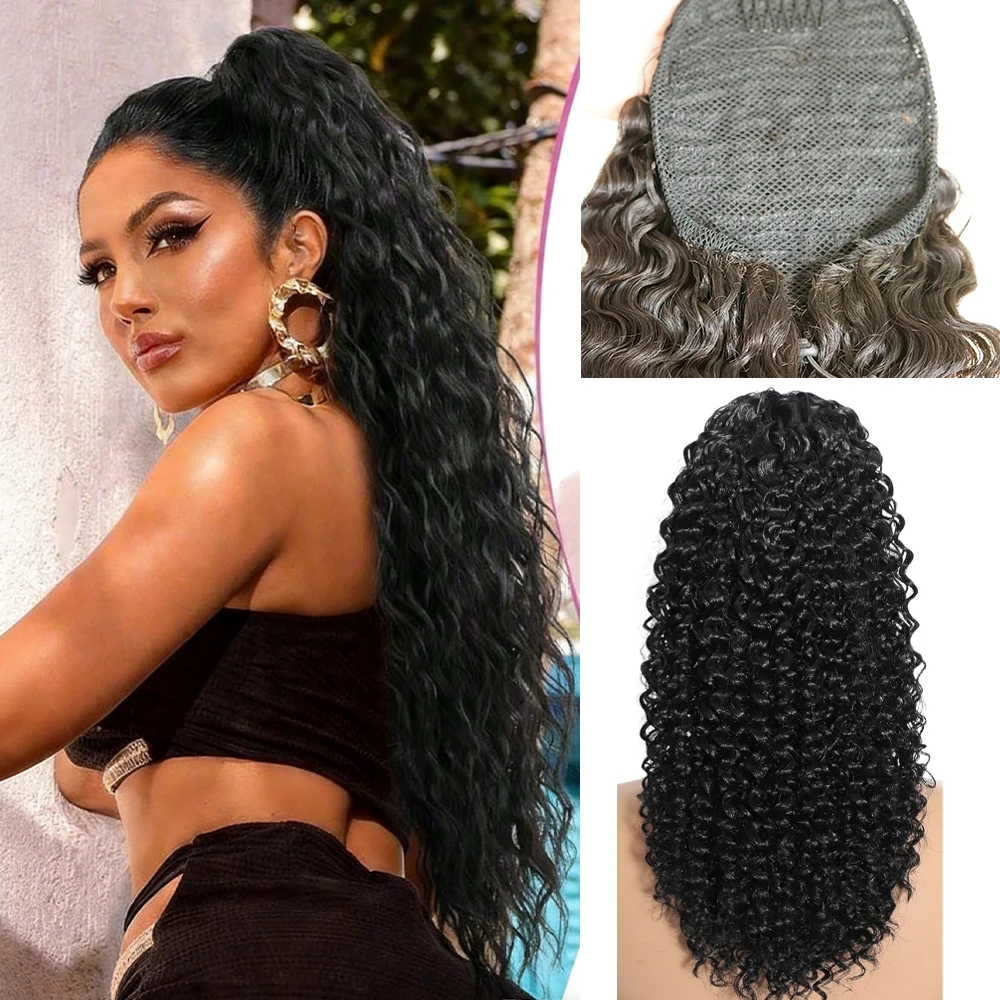 

Накладной хвост из 100% натуральных человеческих волос на шнурке для женщин, мягкий, реалистичный, кудрявый, для повседневной носки