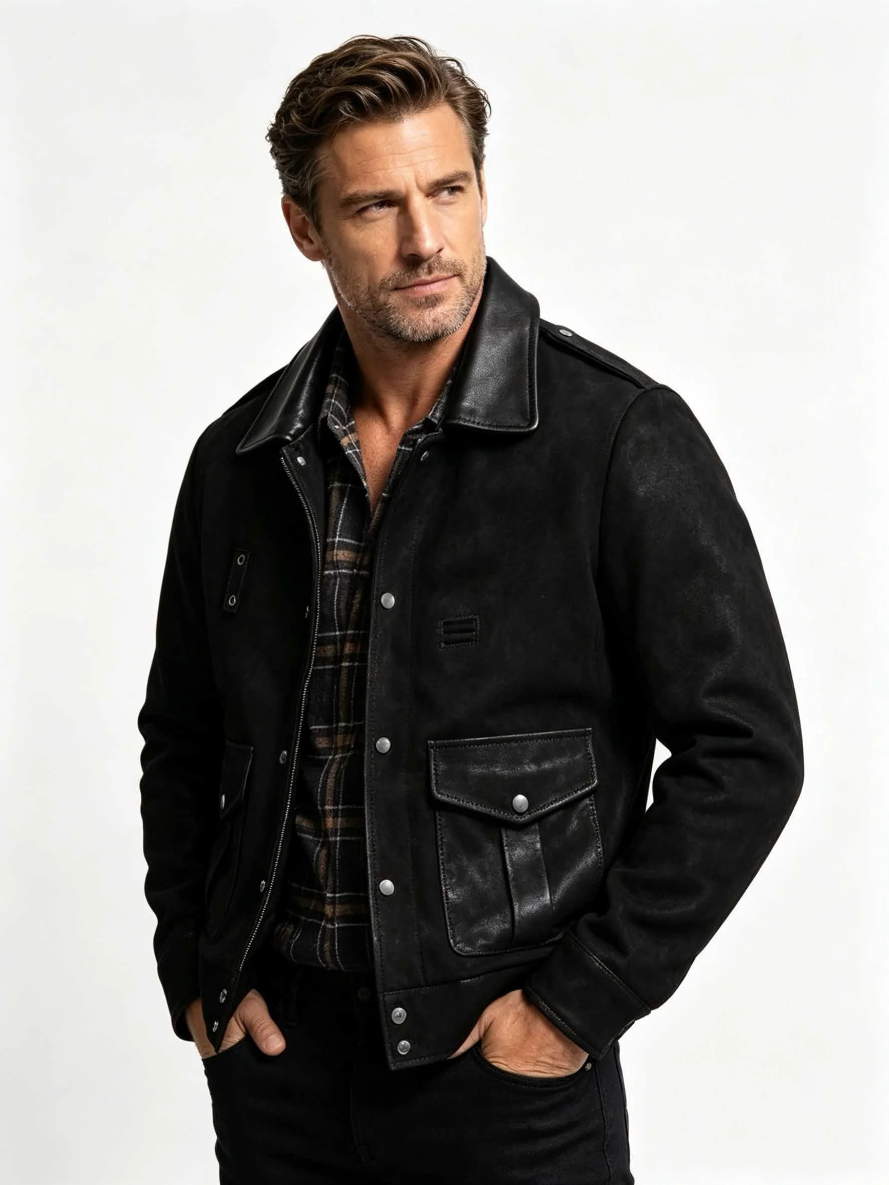 Black Autumn Leather Jacket Men Retro Style Plus Size 5XL Genuine Natural Thick Cow Suede Turn-Down Collar Mounted Police Coat