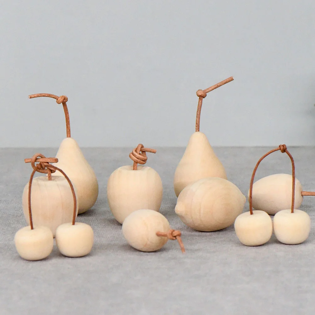 Unfinished Unpainted Wooden Balls 5Pcs Pear Apple Lemon Cherry Kiwi Unpainted Wooden Fruits Decoration