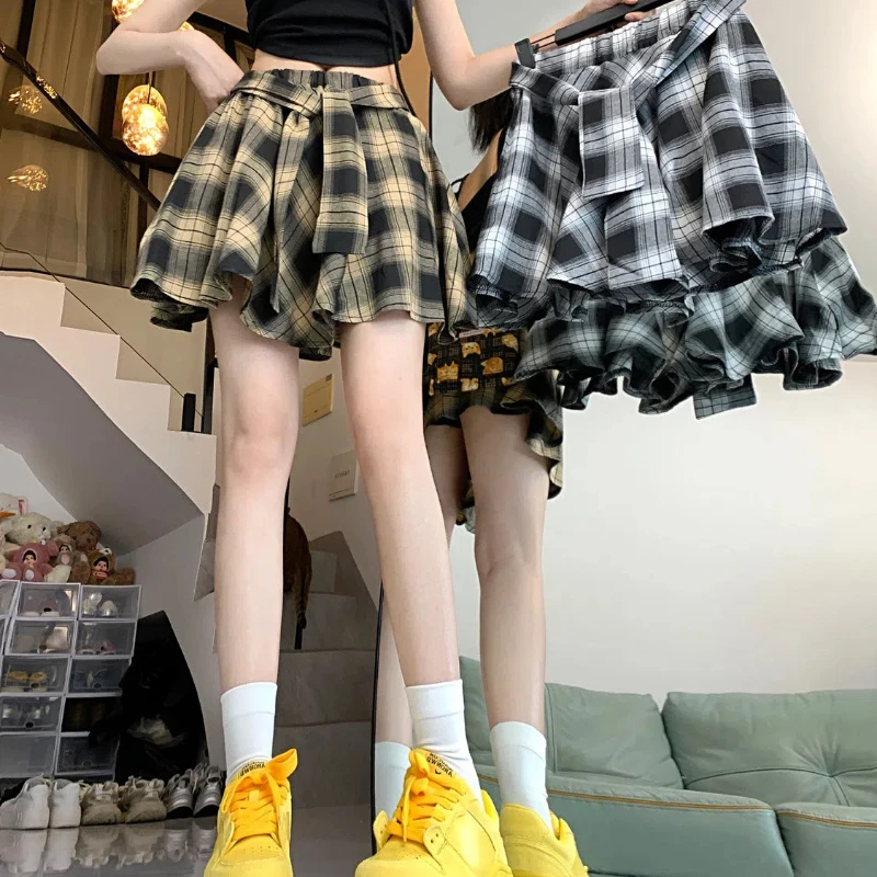 Vintage Plaid High-waisted Versatile Mini Dress Spring Summer Fake Shirt Sleeve Lace-up Casual High Waist A-line Short Skirt