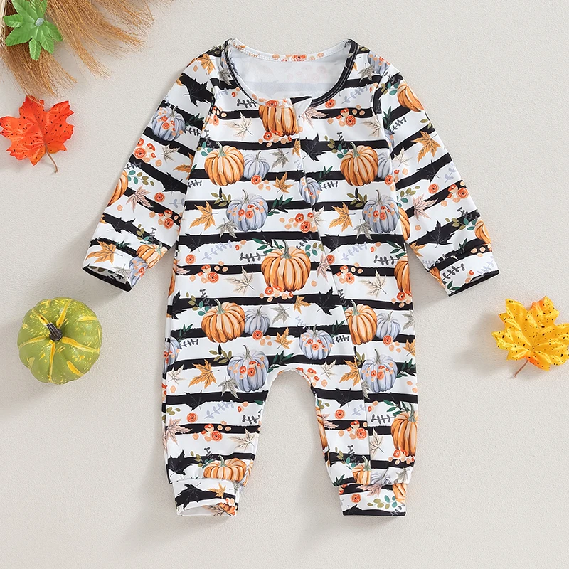 

Infant Girls Halloween Romper with Long Sleeves and Spooky Ghost Pumpkin Print Stylish Oblique Zipper Jumpsuit