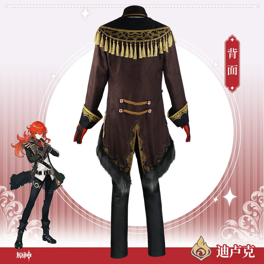 GenshinImpact Diluc Cosplay Costume pour Homme, Uniforme, Chaussures, Perruque, Anime Diluk Ragnvindr Cosplay Costume, Halloween Game