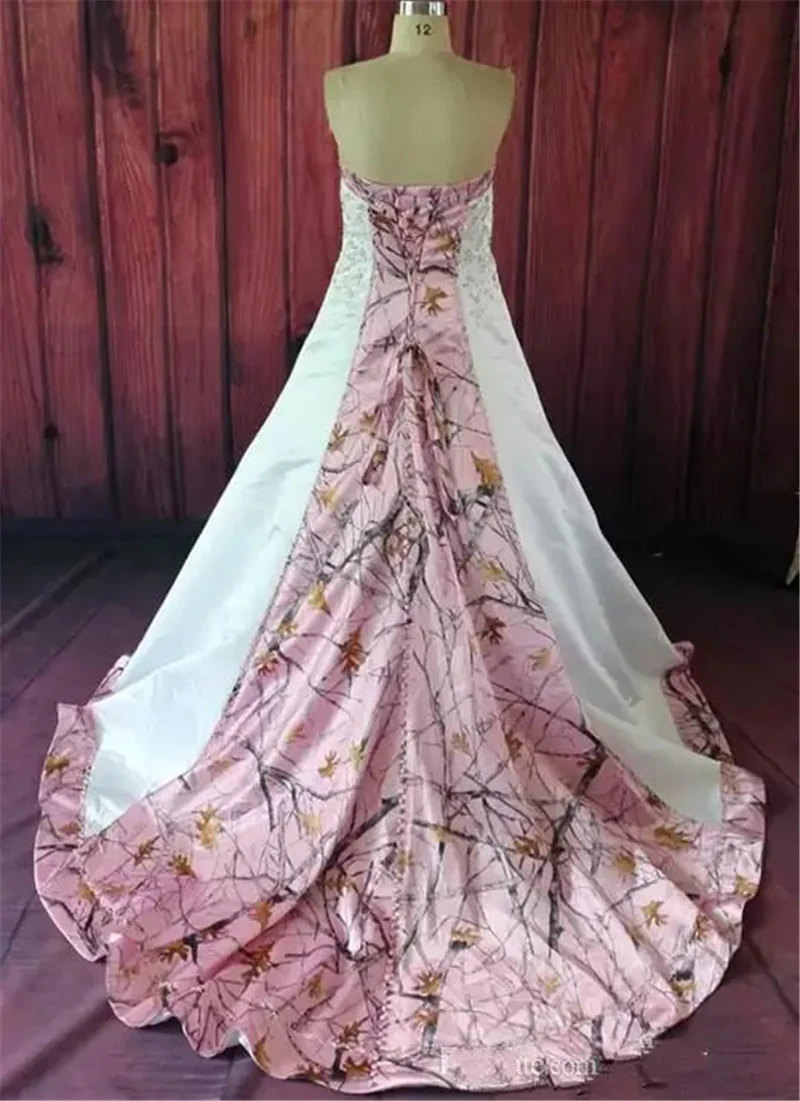 Bealegantom Pink Camo Camouflage Wedding Dresses With Embroidery Beaded Satin Lace Up Camo Bridal Gowns Robe De Mariage B57