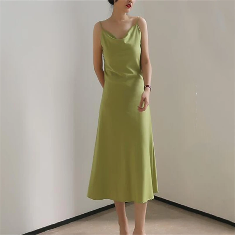 2024 Summer Ladies Satin Camisole Long Dress Swinging Collar New Spring Solid Silk Inner Dress Women Slim Fit Soft Dress Vestido