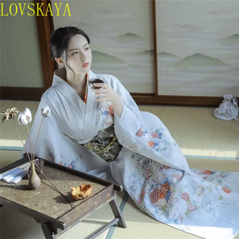 Summer Women's Japanese Haori Kimono with Flower Pattern Geisha Retro Stage Performance Costume Photography