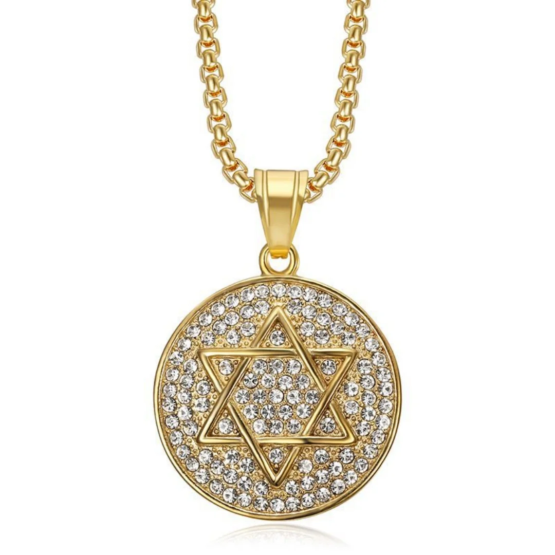 

Religious Hexagram Star of David Symbol Pendant Gold Silver Color Stainless Steel Zirconia Round Necklace for Woman Man Jewelry