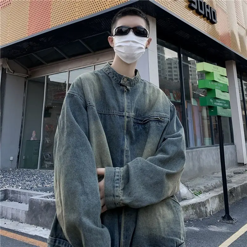 

Fashionable Korean Style Simple Washed Denim Jacket for Men 2024 Autumn New Y2K American Handsome Loose Stand-up Collar Top