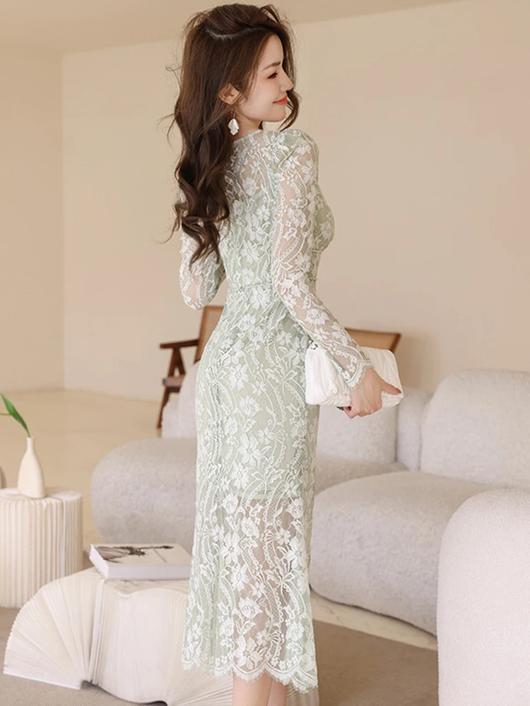 Spring Sweet Sexy Maxi Dresses for Women Elegant Sheer Lace Hook Flower Hollow Perspective Mesh Robe Party Holiday Vestido Mujer