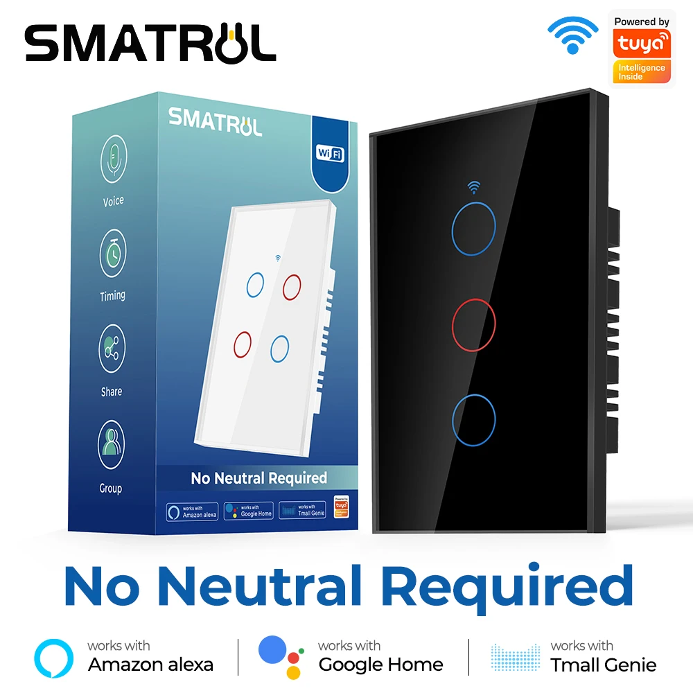 Tuya Us Brazil Wifi Smart Touch Switch Light No Neutral Wire 110V 220V 1/2/3 Gang Wall On Off Screen Panel For Alexa Google Home